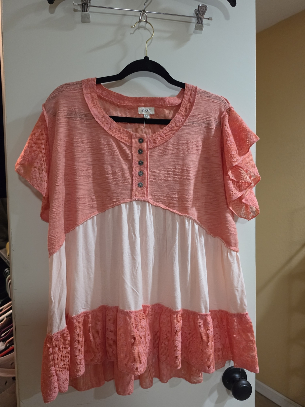 POL Two-Tone Coral & Cream Ruffle Sleeve Peasant Top